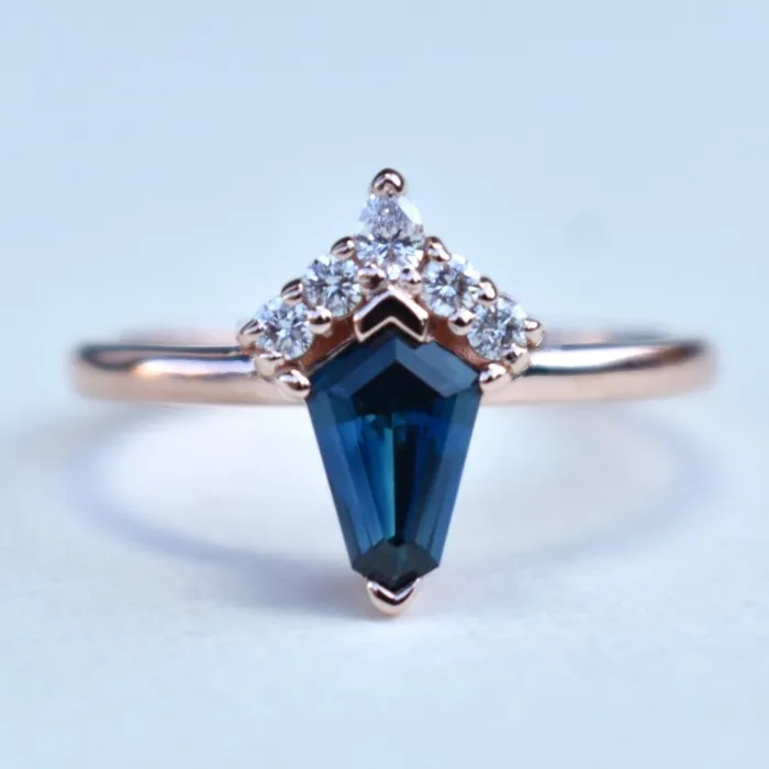 Kite Shape Teal Sapphire Engagement Ring with Diamond Sunburst 14K Rose Gold AlbrechtJewellery Rings Kite Shape Teal Sapphire Engagement Ring with Diamond Sunburst 14K Rose Gold AlbrechtJewellery Rings