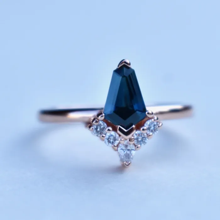 Kite Shape Teal Sapphire Engagement Ring with Diamond Sunburst 14K Rose Gold AlbrechtJewellery Rings
