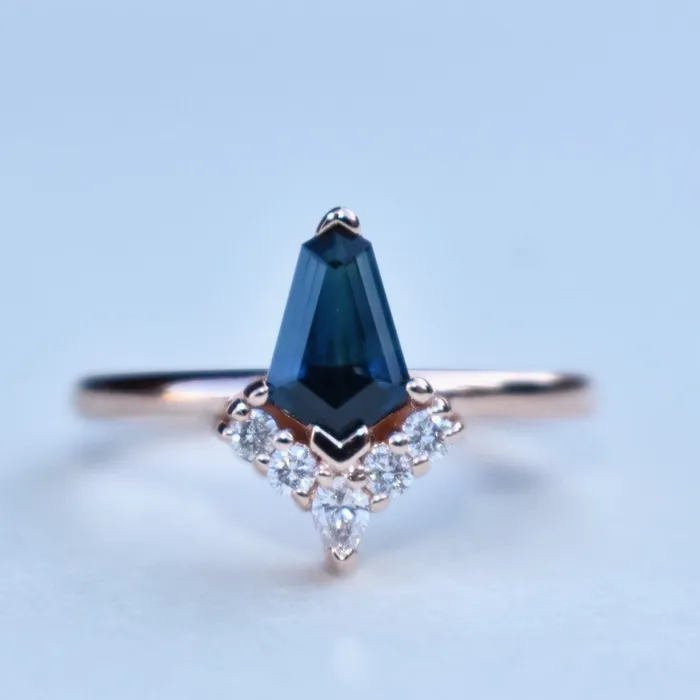 Kite Shape Teal Sapphire Engagement Ring with Diamond Sunburst 14K Rose Gold AlbrechtJewellery Rings