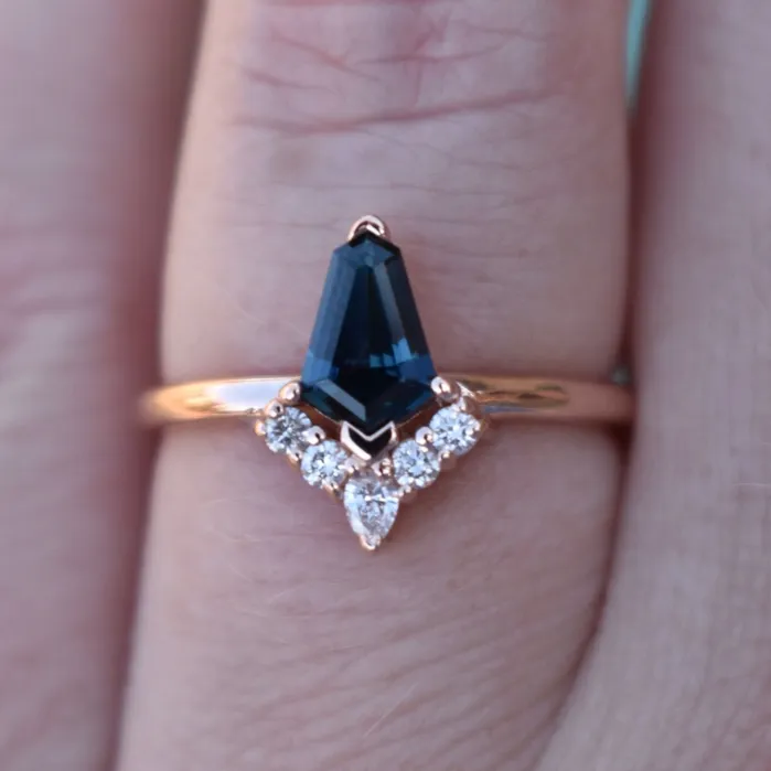 Kite Shape Teal Sapphire Engagement Ring with Diamond Sunburst 14K Rose Gold AlbrechtJewellery Rings