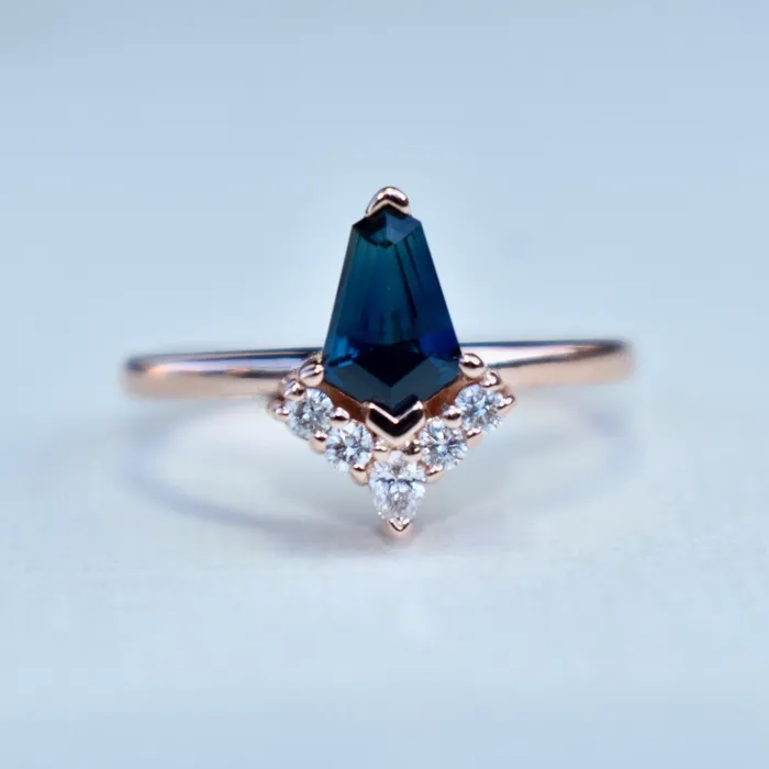 Kite Shape Teal Sapphire Engagement Ring with Diamond Sunburst 14K Rose Gold AlbrechtJewellery Rings