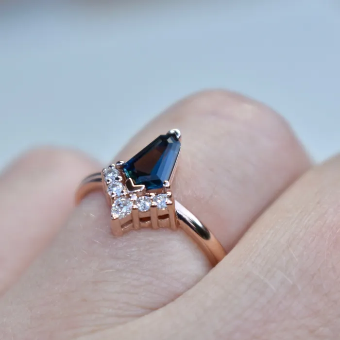 Kite Shape Teal Sapphire Engagement Ring with Diamond Sunburst 14K Rose Gold AlbrechtJewellery Rings