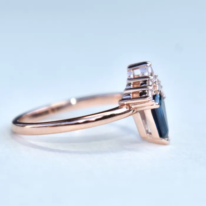 Kite Shape Teal Sapphire Engagement Ring with Diamond Sunburst 14K Rose Gold AlbrechtJewellery Rings