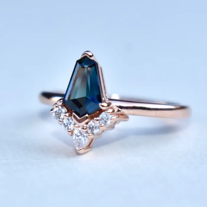 Kite Shape Teal Sapphire Engagement Ring with Diamond Sunburst 14K Rose Gold AlbrechtJewellery Rings
