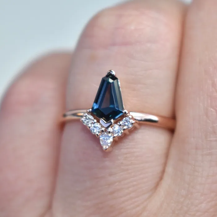 Kite Shape Teal Sapphire Engagement Ring with Diamond Sunburst 14K Rose Gold AlbrechtJewellery Rings