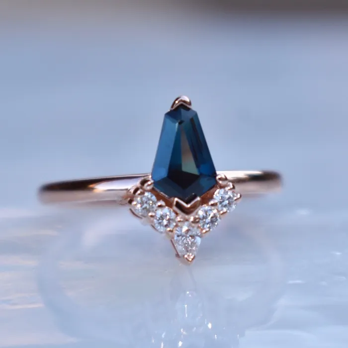 Kite Shape Teal Sapphire Engagement Ring with Diamond Sunburst 14K Rose Gold AlbrechtJewellery Rings
