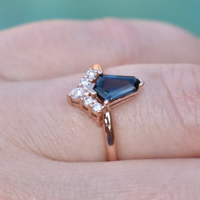 Kite Shape Teal Sapphire Engagement Ring with Diamond Sunburst 14K Rose Gold AlbrechtJewellery Rings