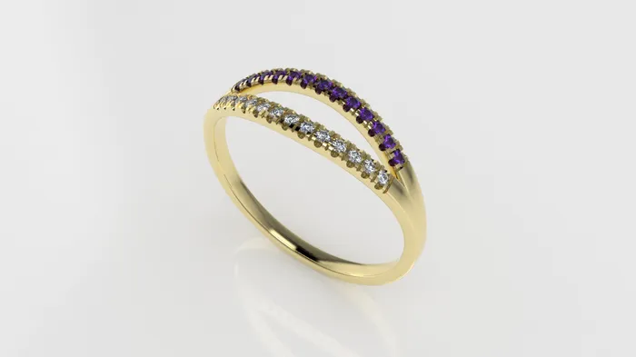 14K yellow gold band Ring with 13 MOISSANITE 1mm VS1 each and 13 AMETHYST 1mm each cut split JCM DESIGN JEWELRY Rings