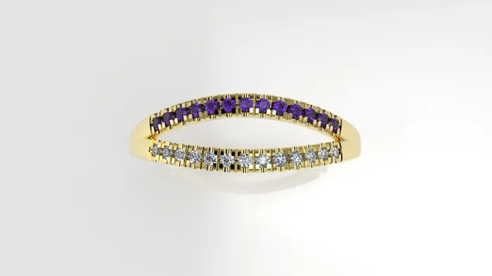 14K yellow gold band Ring with 13 MOISSANITE 1mm VS1 each and 13 AMETHYST 1mm each cut split JCM DESIGN JEWELRY Rings