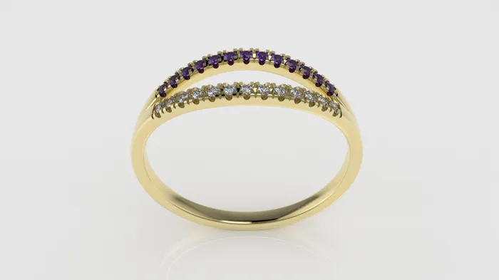 14K yellow gold band Ring with 13 MOISSANITE 1mm VS1 each and 13 AMETHYST 1mm each cut split JCM DESIGN JEWELRY Rings