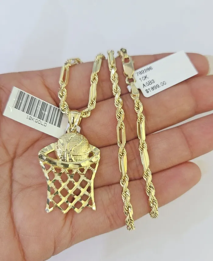Necklaces Gold and Diamond 10k Milano Rope Chain Basketball Goal Charm Necklace SET 3mm 18 20 22 24