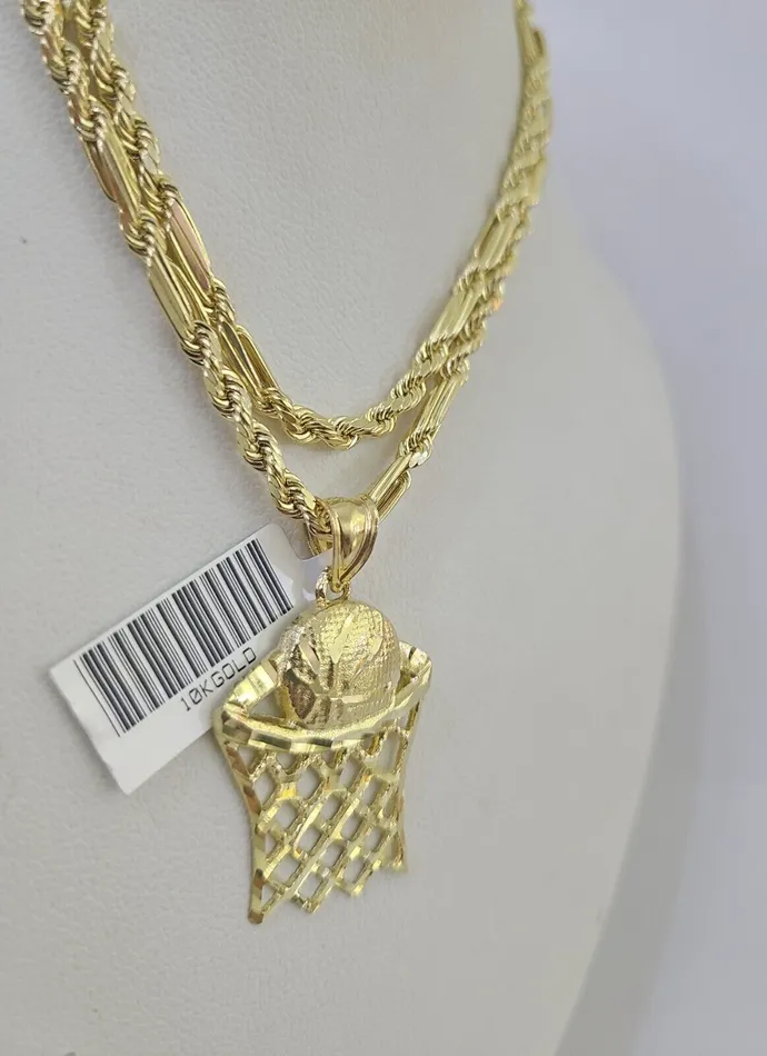 Necklaces Gold and Diamond 10k Milano Rope Chain Basketball Goal Charm Necklace SET 3mm 18 20 22 24
