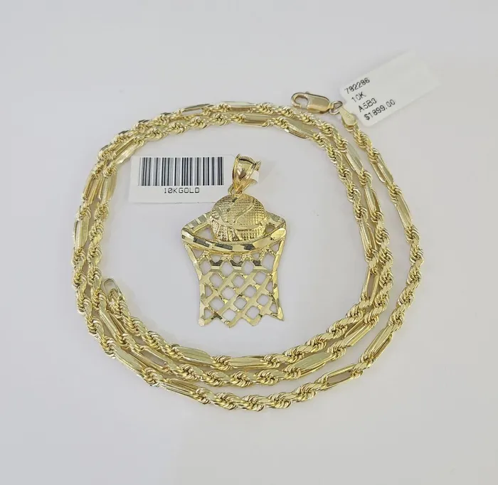 Necklaces Gold and Diamond 10k Milano Rope Chain Basketball Goal Charm Necklace SET 3mm 18 20 22 24