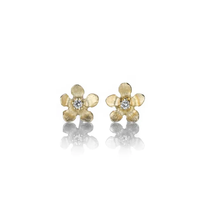 Nicole Landaw 14k Gold Diamond Open Flower Studs Rings