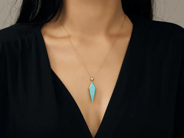 Necklaces GG GOLD OOAK GURHAN Spell Gold Turquoise Pendant Necklace 32x10mm Kite Shape Stone Necklaces GG GOLD OOAK GURHAN Spell Gold Turquoise Pendant Necklace 32x10mm Kite Shape Stone