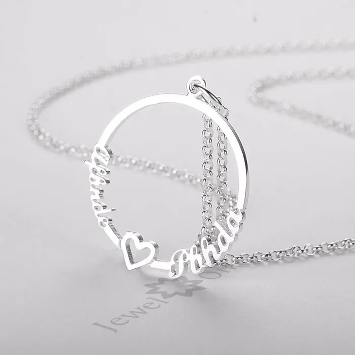 Necklaces Personalized Jewel Personalized Custom 2 Names Necklace for Women 925 Sterling Silver Circle Necklace with Heart Fine Jewelry