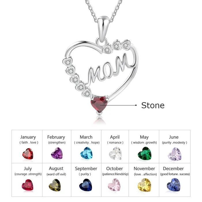 Personalized Jewel Necklaces Personalized Heart Necklace with MOM Engraved Custom Zirconia Birthstone Pendant Jewelry gift Necklace for Mother