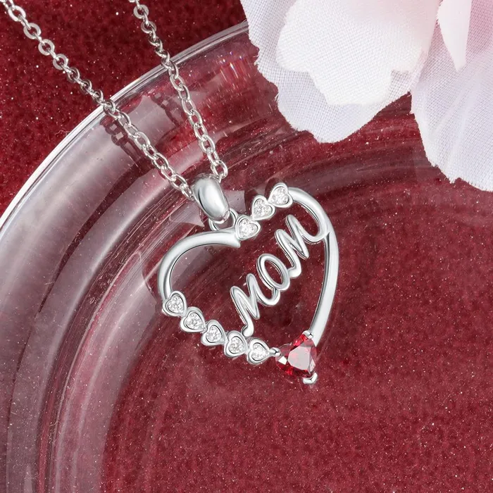 Personalized Jewel Necklaces Personalized Heart Necklace with MOM Engraved Custom Zirconia Birthstone Pendant Jewelry gift Necklace for Mother