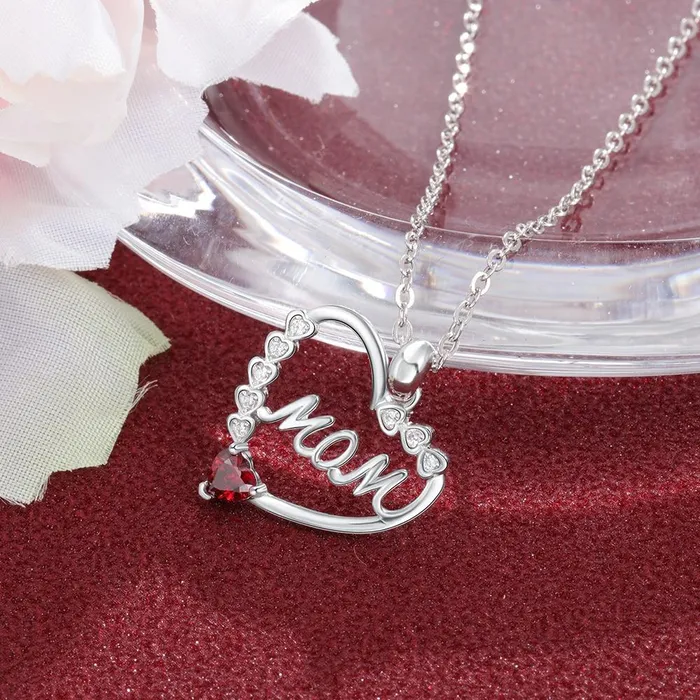 Personalized Jewel Necklaces Personalized Heart Necklace with MOM Engraved Custom Zirconia Birthstone Pendant Jewelry gift Necklace for Mother