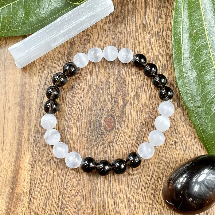 Smoky Quartz Selenite Satin Spar DUO Cloak of Strength Premium Collection 8mm Stretch Bracelet Lily Rose Jewelry Bracelets