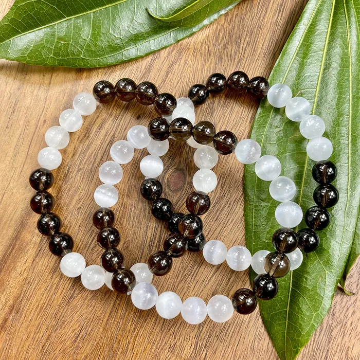 Smoky Quartz Selenite Satin Spar DUO Cloak of Strength Premium Collection 8mm Stretch Bracelet Lily Rose Jewelry Bracelets