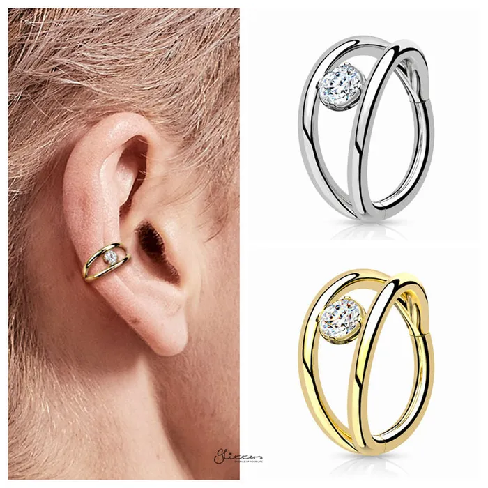 Double Lines and CZ Hinged Segment Hoop Ring Gold Glitters Rings