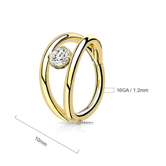 Double Lines and CZ Hinged Segment Hoop Ring Gold Glitters Rings