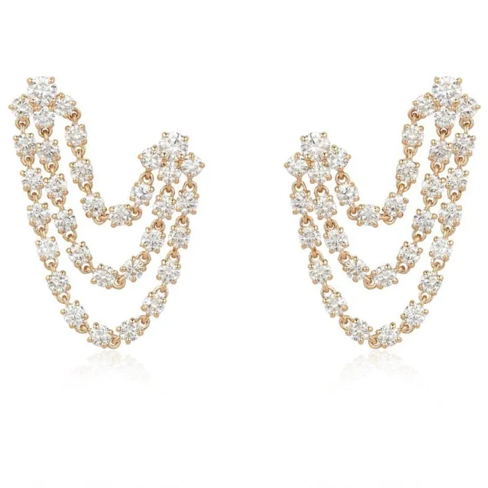 Earrings Izakov Diamonds Fine Jewelry 14K Gold Double Stud Tennis Chained Diamonds Earring Earrings Izakov Diamonds Fine Jewelry 14K Gold Double Stud Tennis Chained Diamonds Earring