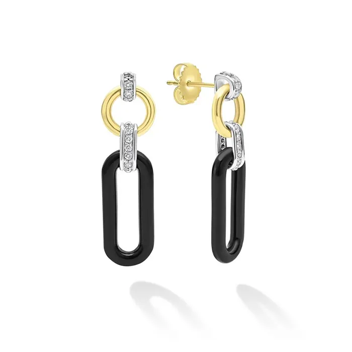 LAGOS Earrings Signature Caviar 18K Gold and Black Ceramic Diamond Link Drop Earrings LAGOS Earrings Signature Caviar 18K Gold and Black Ceramic Diamond Link Drop Earrings