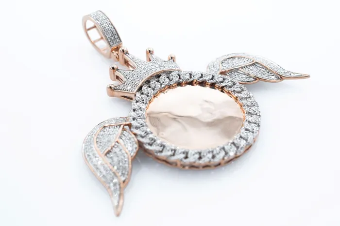 Mens Diamond Wings Pendant in Rose Gold Engravable RIP Crown Jewels Coin Necklaces