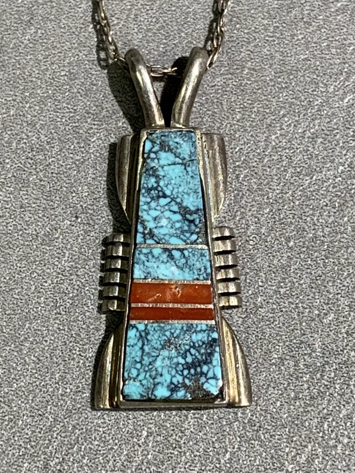 Necklaces Crown Jewels Coin Antonio Yazzie Navajo Sterling Silver Inlaid Turquoise Pendant Necklaces Crown Jewels Coin Antonio Yazzie Navajo Sterling Silver Inlaid Turquoise Pendant