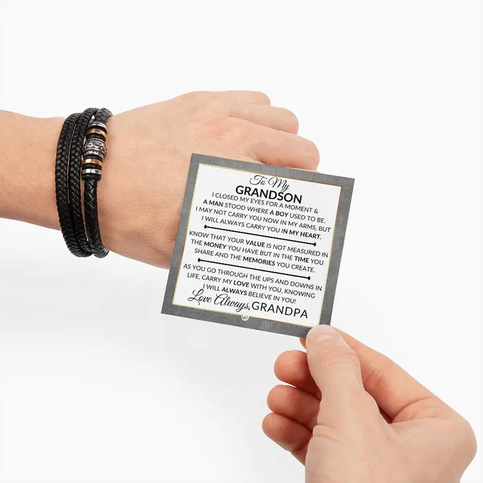 ShineOn Fulfillment Bracelets Gift For My Grandson From His Grandpa I Closed My Eyes Mens Braided Leather Bracelet Great As A Christmas Gift or A Birthday Present For Him