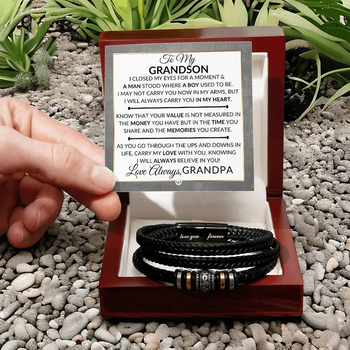 ShineOn Fulfillment Bracelets Gift For My Grandson From His Grandpa I Closed My Eyes Mens Braided Leather Bracelet Great As A Christmas Gift or A Birthday Present For Him